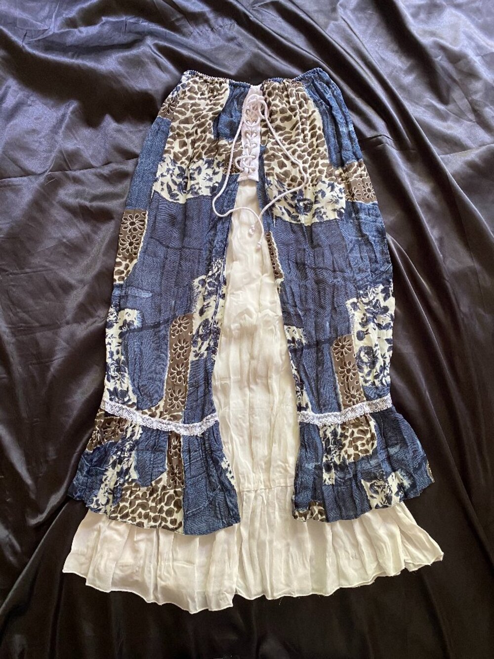 Vintage y2k Denim Leopard Lace Patchwork Laceup Boho Western Fairy Skirt Size 6 - Picture 1 of 8